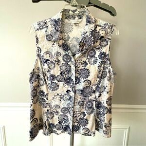 Christopher & Banks Sleeveless Collared Button up Linen Blend Top Blue and Tan